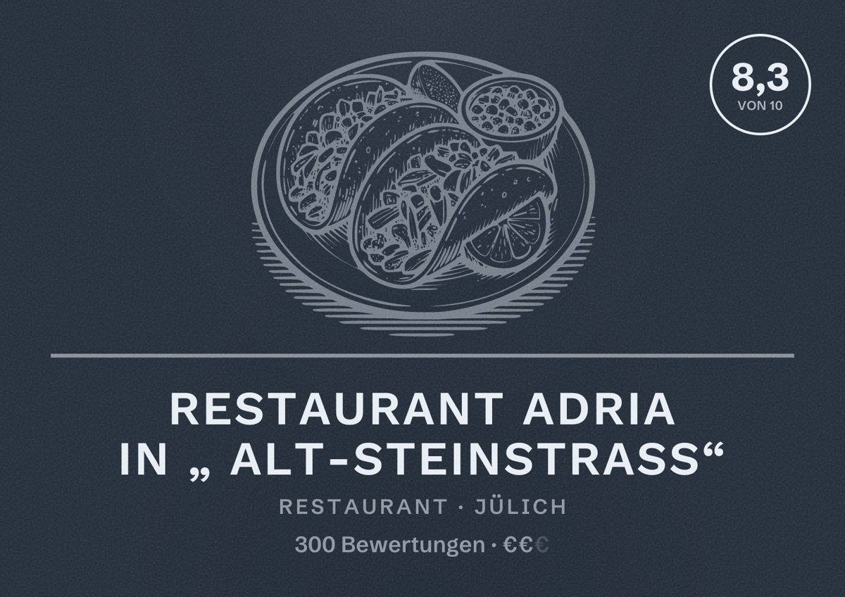 Illustriertes Poster von Restaurant Adria in „ Alt-Steinstrass“, Restaurant in Jülich: Bewertung 8,3 von 10 aus 300 Bewertungen, Preisniveau €€