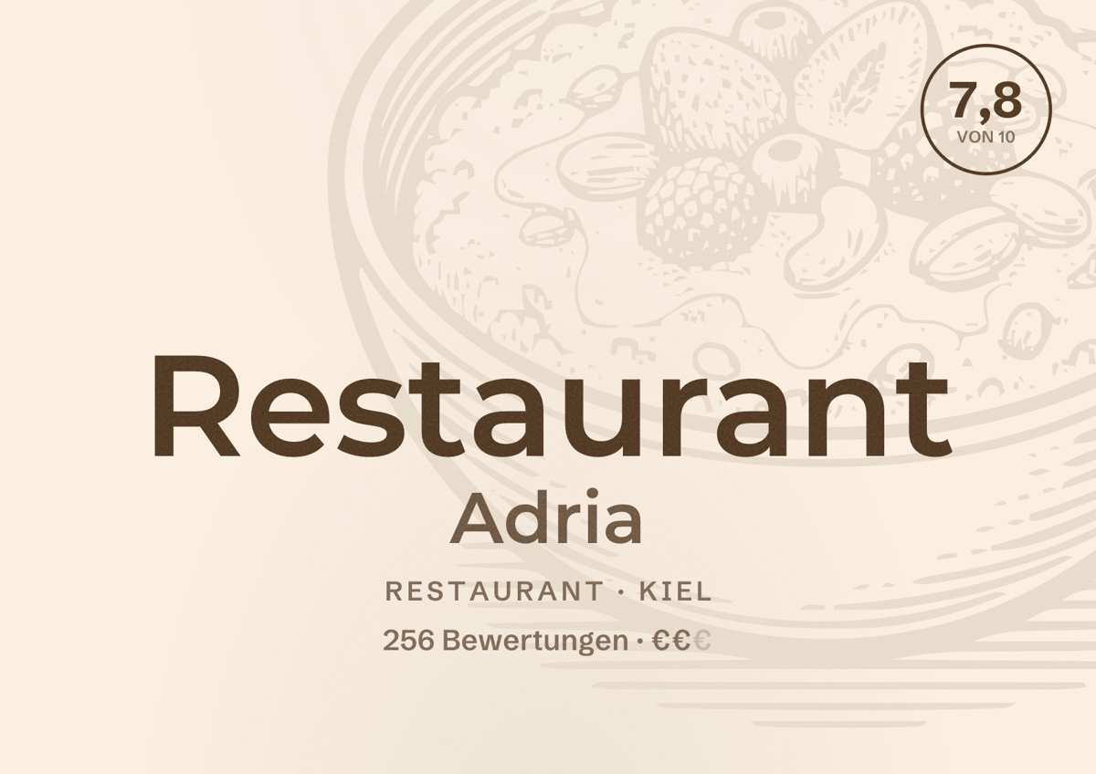 Illustriertes Poster von Restaurant Adria, Restaurant in Kiel: Bewertung 7,8 von 10 aus 256 Bewertungen, Preisniveau €€