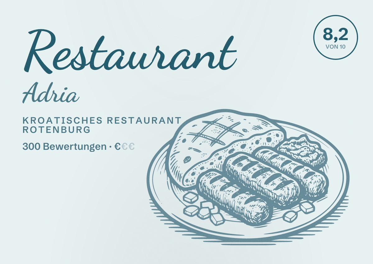 Illustriertes Poster von Restaurant Adria, Kroatisches Restaurant in Rotenburg: Bewertung 8,2 von 10 aus 300 Bewertungen, Preisniveau €