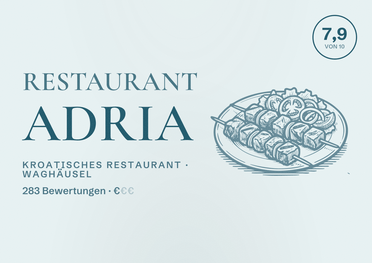 Illustriertes Poster von Restaurant Adria, Kroatisches Restaurant in Waghäusel: Bewertung 7,9 von 10 aus 283 Bewertungen, Preisniveau €