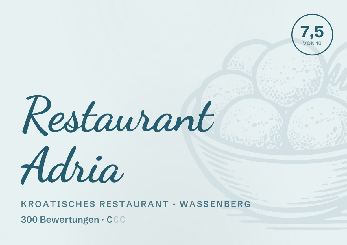 Illustriertes Poster von Restaurant Adria, Kroatisches Restaurant in Wassenberg: Bewertung 7,5 von 10 aus 300 Bewertungen, Preisniveau €