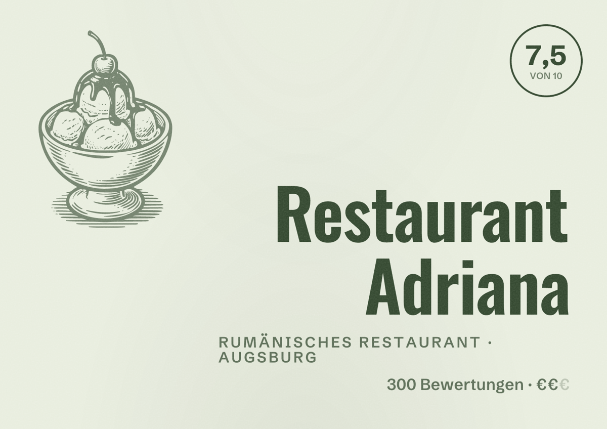 Illustriertes Poster von Restaurant Adriana, Rumänisches Restaurant in Augsburg: Bewertung 7,5 von 10 aus 300 Bewertungen, Preisniveau €€