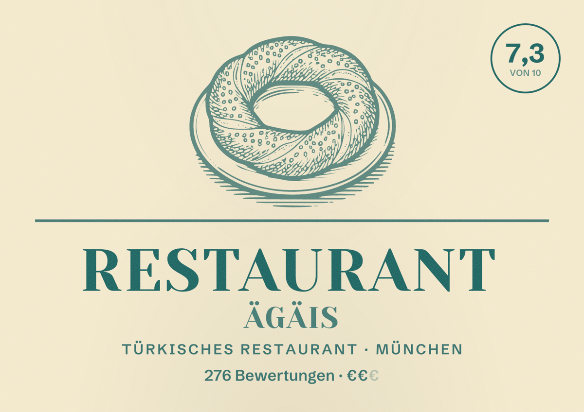 Illustriertes Poster von Restaurant Ägäis, Türkisches Restaurant in München: Bewertung 7,3 von 10 aus 276 Bewertungen, Preisniveau €€