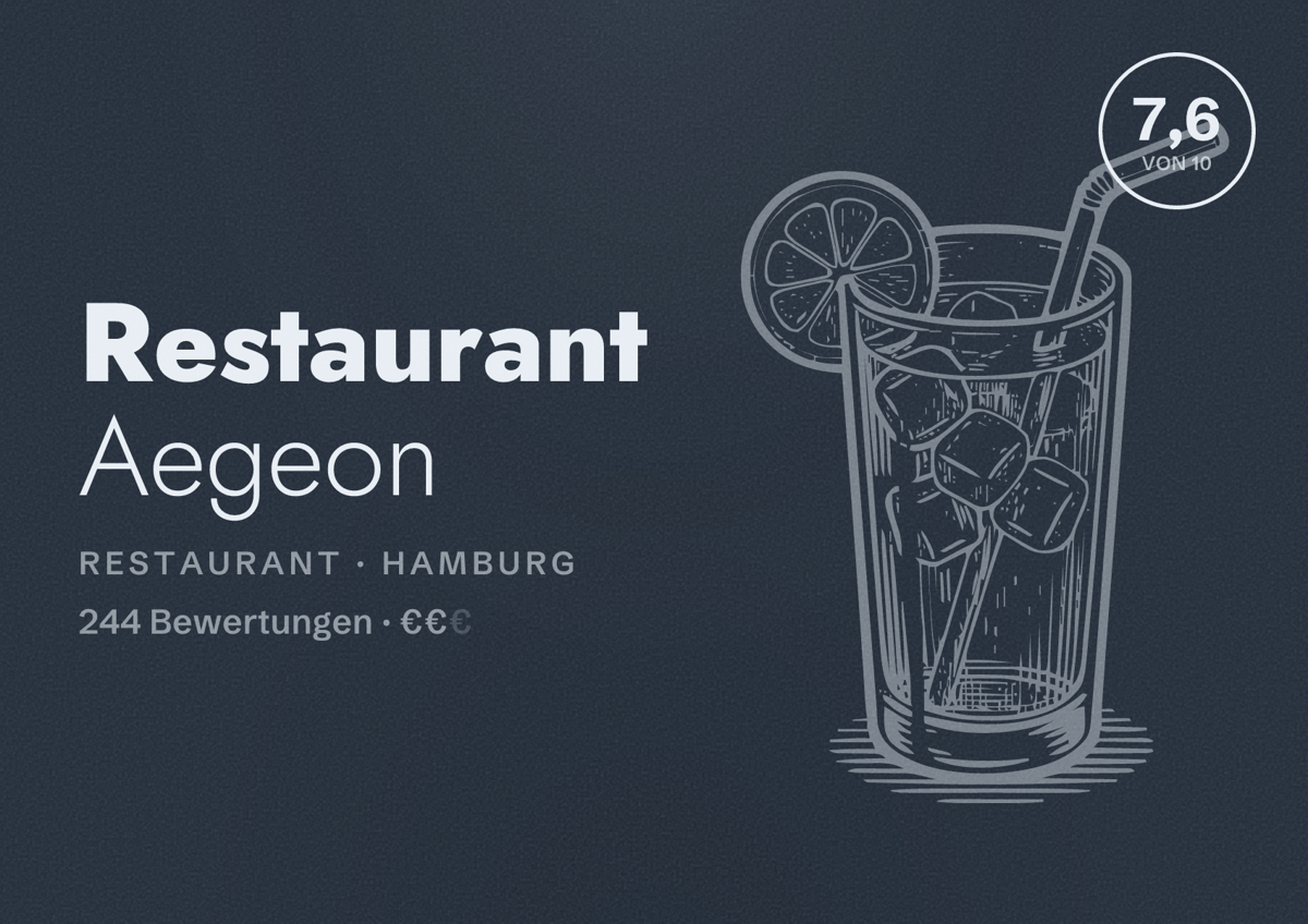 Illustriertes Poster von Restaurant Aegeon, Restaurant in Hamburg: Bewertung 7,6 von 10 aus 244 Bewertungen, Preisniveau €€
