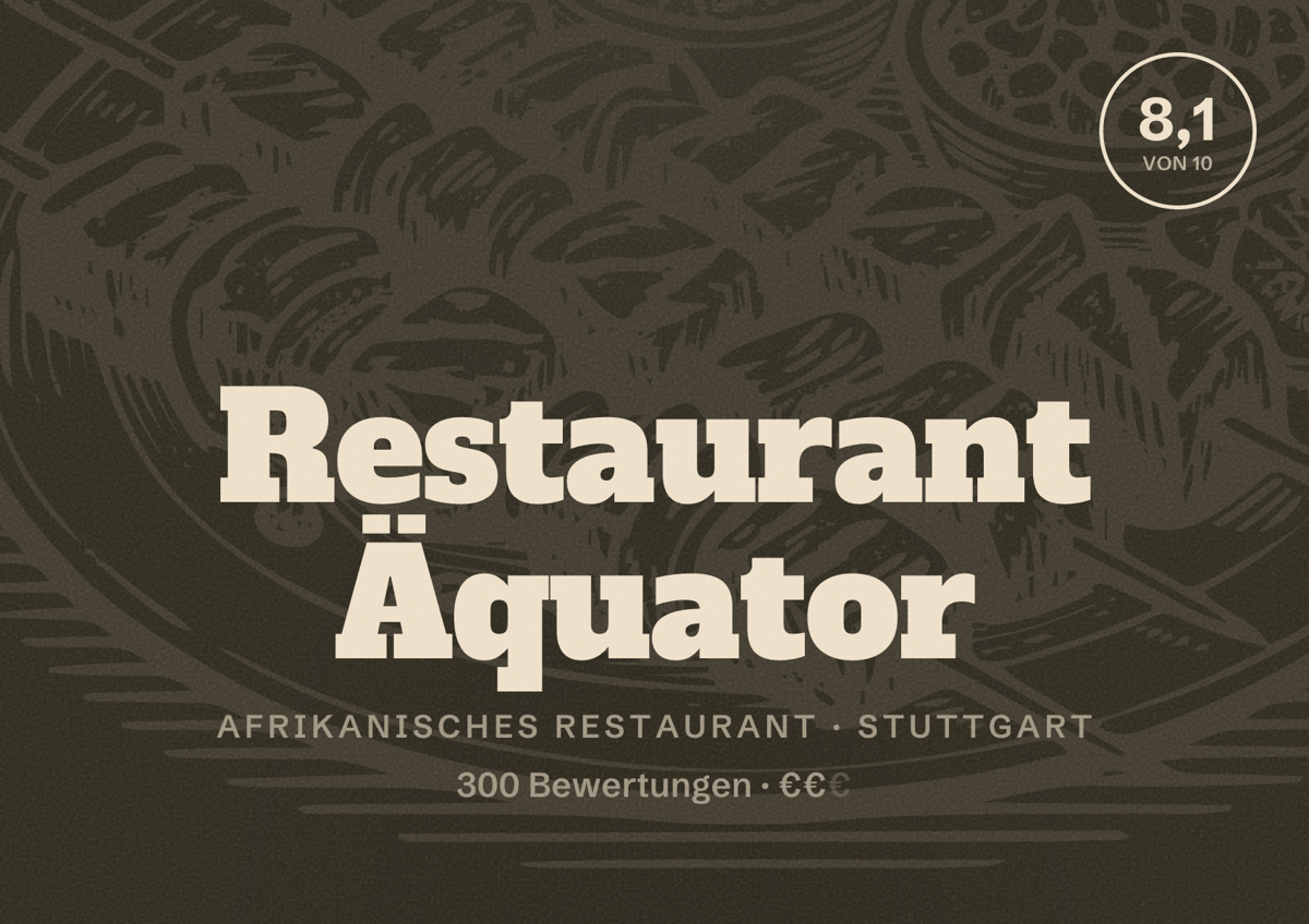 Illustriertes Poster von Restaurant Äquator, Afrikanisches Restaurant in Stuttgart: Bewertung 8,1 von 10 aus 300 Bewertungen, Preisniveau €€