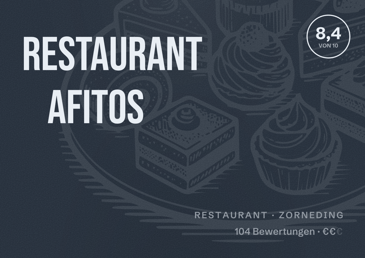Illustriertes Poster von Restaurant Afitos, Restaurant in Zorneding: Bewertung 8,4 von 10 aus 104 Bewertungen, Preisniveau €€