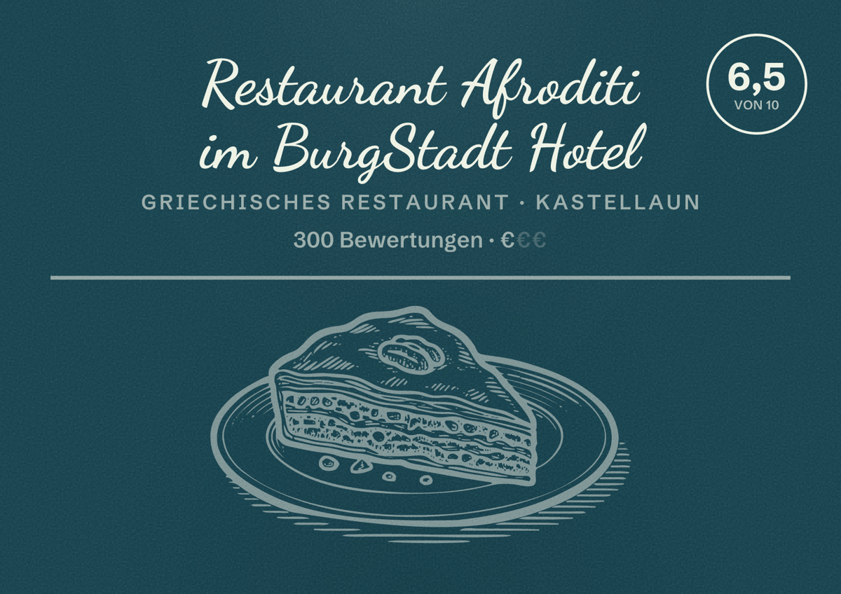 Illustriertes Poster von Restaurant Afroditi im BurgStadt Hotel, Griechisches Restaurant in Kastellaun: Bewertung 6,5 von 10 aus 300 Bewertungen, Preisniveau €