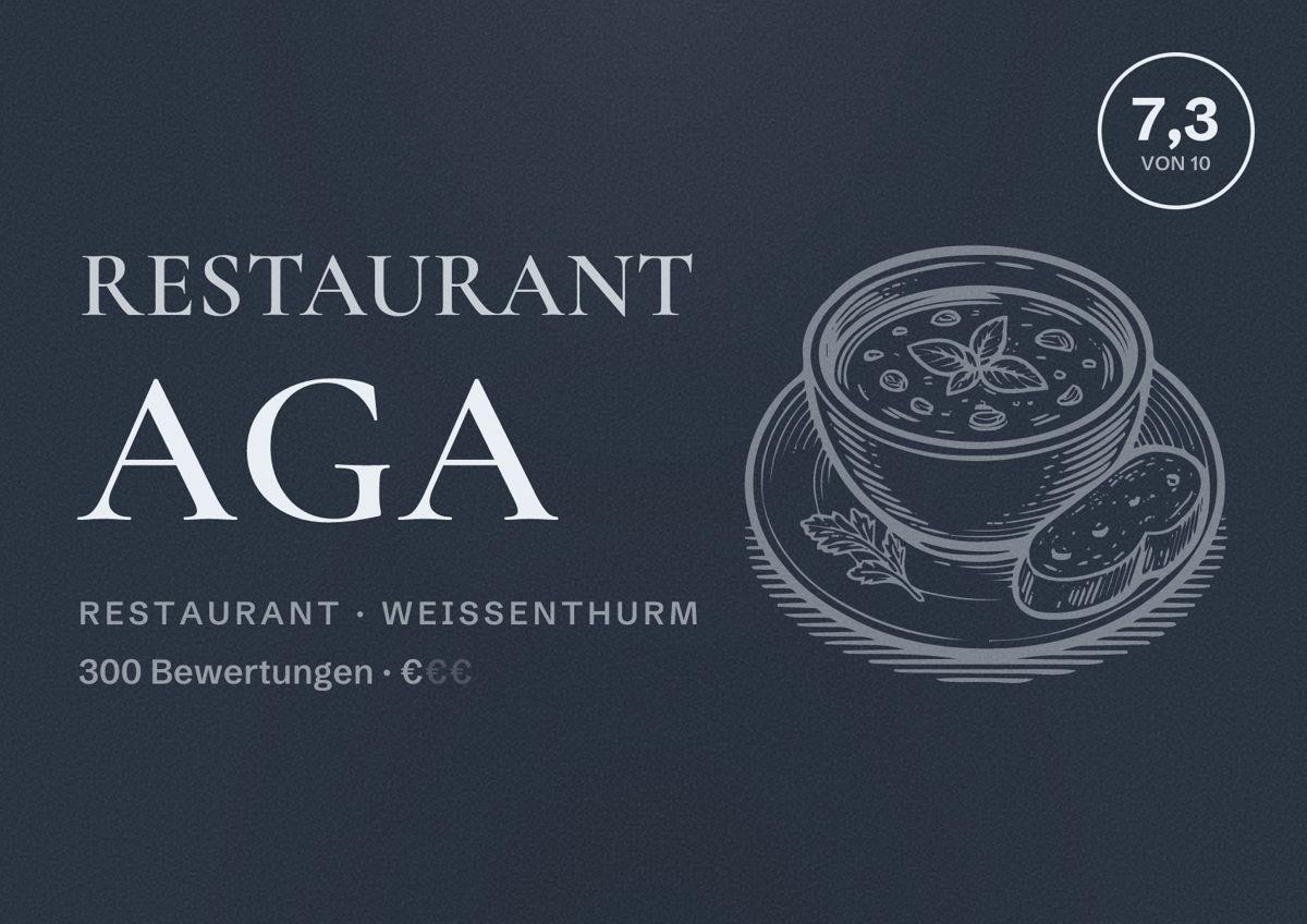 Illustriertes Poster von Restaurant Aga, Restaurant in Weißenthurm: Bewertung 7,3 von 10 aus 300 Bewertungen, Preisniveau €