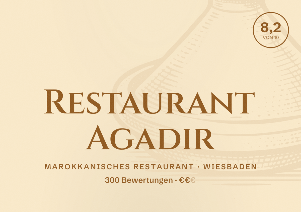 Illustriertes Poster von Restaurant Agadir, Marokkanisches Restaurant in Wiesbaden: Bewertung 8,2 von 10 aus 300 Bewertungen, Preisniveau €€
