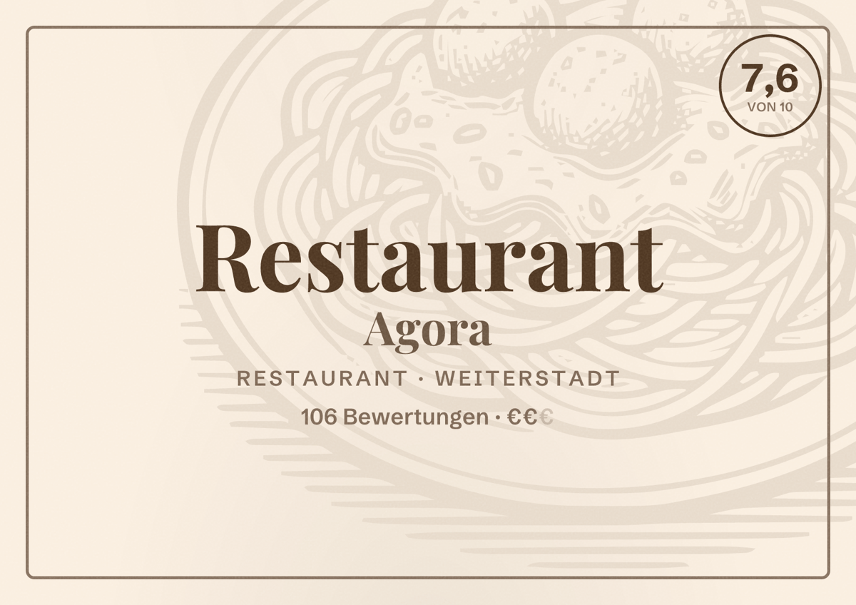 Illustriertes Poster von Restaurant Agora, Restaurant in Weiterstadt: Bewertung 7,6 von 10 aus 106 Bewertungen, Preisniveau €€