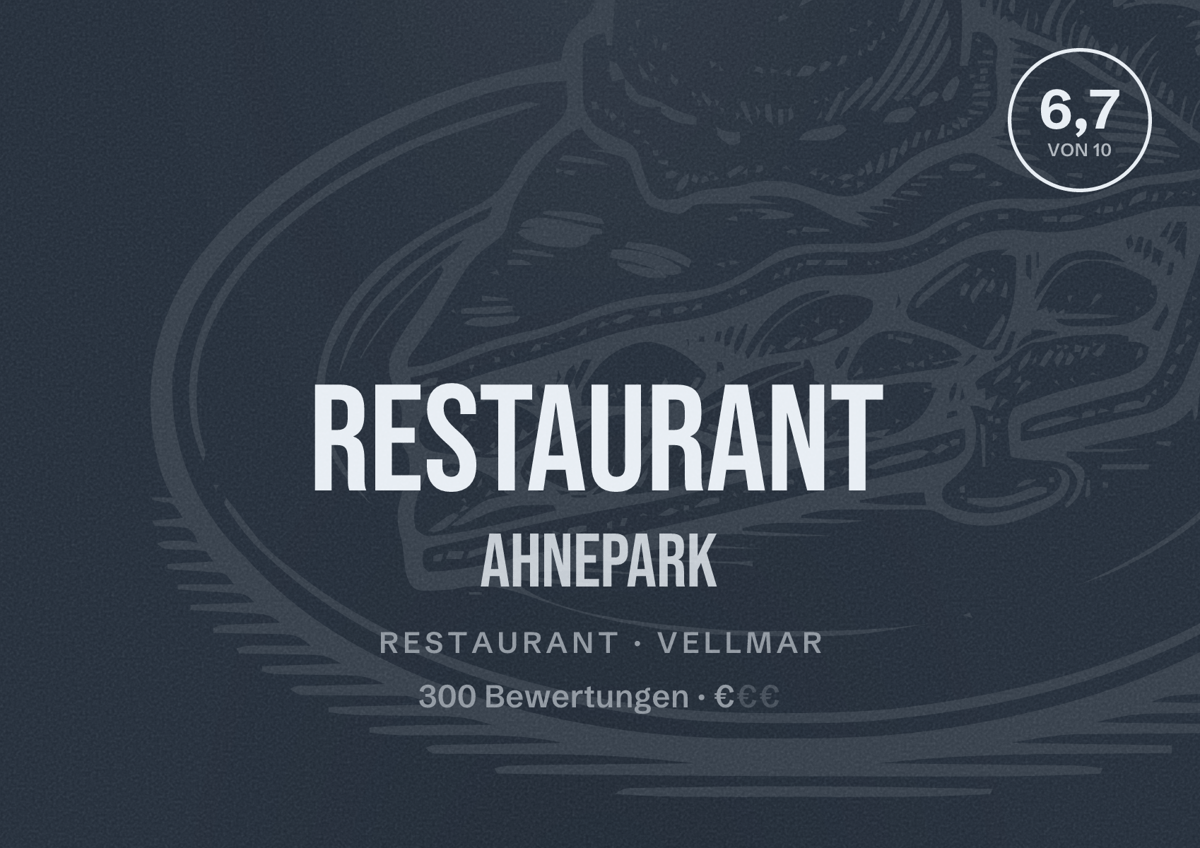Illustriertes Poster von Restaurant Ahnepark, Restaurant in Vellmar: Bewertung 6,7 von 10 aus 300 Bewertungen, Preisniveau €