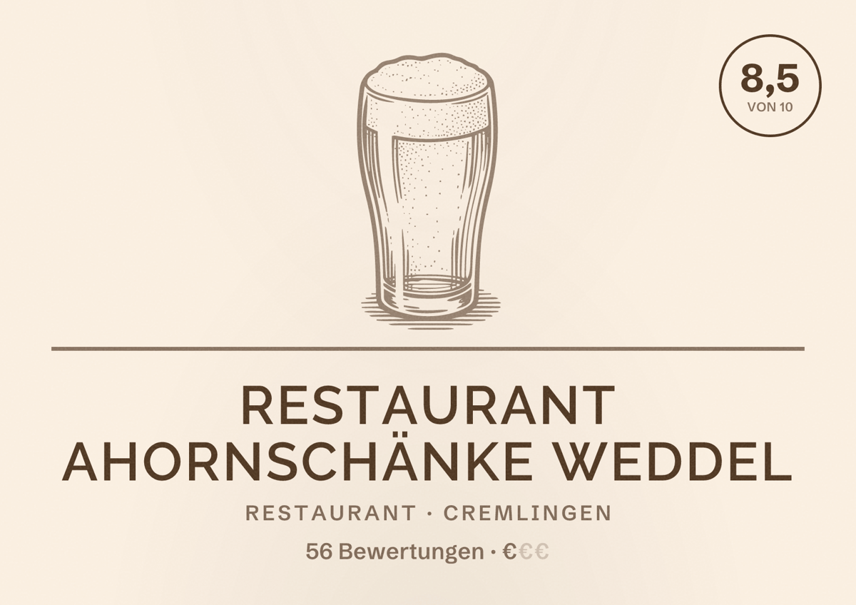 Illustriertes Poster von Restaurant Ahornschänke Weddel, Restaurant in Cremlingen: Bewertung 8,5 von 10 aus 56 Bewertungen, Preisniveau €