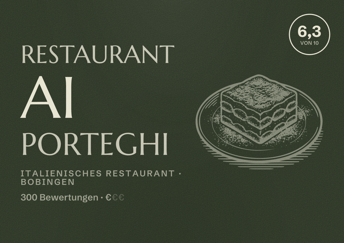 Illustriertes Poster von Restaurant Ai Porteghi, Italienisches Restaurant in Bobingen: Bewertung 6,3 von 10 aus 300 Bewertungen, Preisniveau €