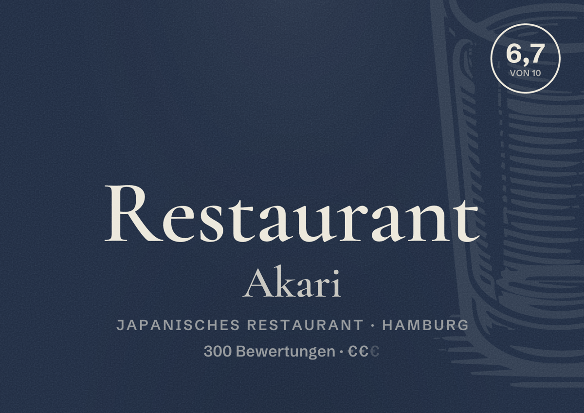 Illustriertes Poster von Restaurant Akari, Japanisches Restaurant in Hamburg: Bewertung 6,7 von 10 aus 300 Bewertungen, Preisniveau €€