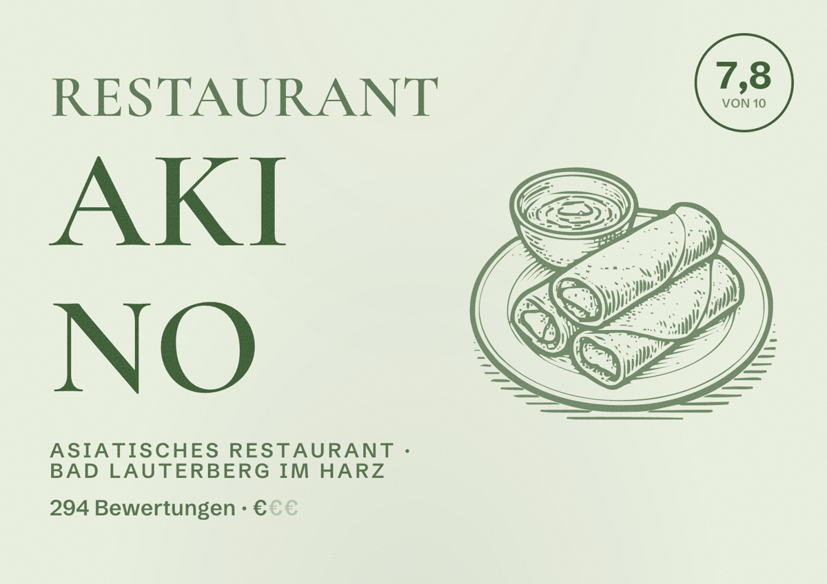 Illustriertes Poster von Restaurant Aki No, Asiatisches Restaurant in Bad Lauterberg im Harz: Bewertung 7,8 von 10 aus 294 Bewertungen, Preisniveau €