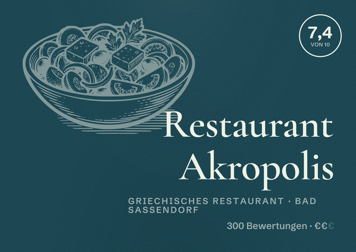 Illustriertes Poster von Restaurant Akropolis, Griechisches Restaurant in Bad Sassendorf: Bewertung 7,4 von 10 aus 300 Bewertungen, Preisniveau €€