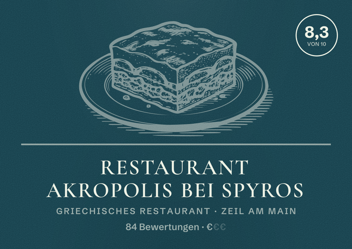 Illustriertes Poster von Restaurant Akropolis bei Spyros, Griechisches Restaurant in Zeil am Main: Bewertung 8,3 von 10 aus 84 Bewertungen, Preisniveau €