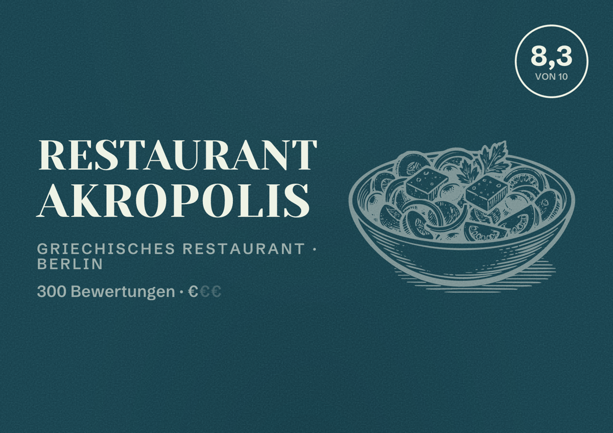 Illustriertes Poster von Restaurant Akropolis, Griechisches Restaurant in Berlin: Bewertung 8,3 von 10 aus 300 Bewertungen, Preisniveau €