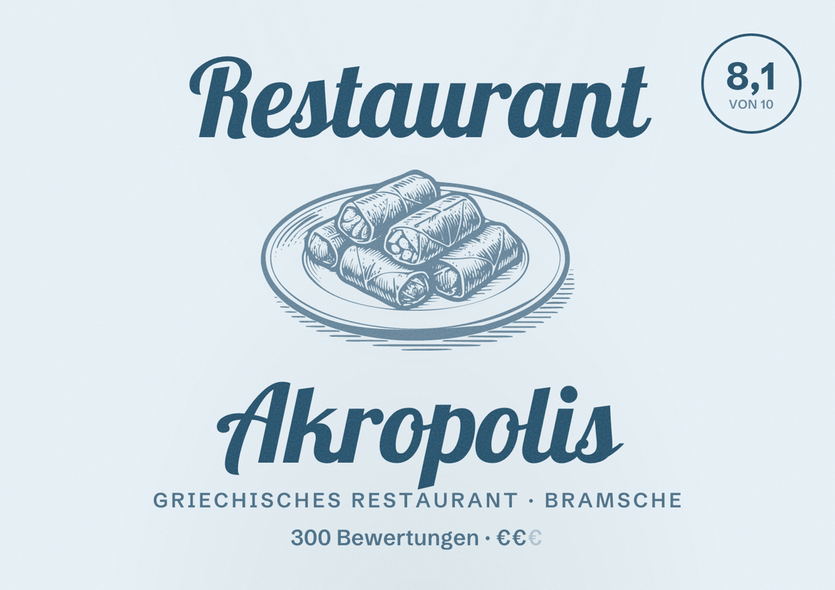 Illustriertes Poster von Restaurant Akropolis, Griechisches Restaurant in Bramsche: Bewertung 8,1 von 10 aus 300 Bewertungen, Preisniveau €€