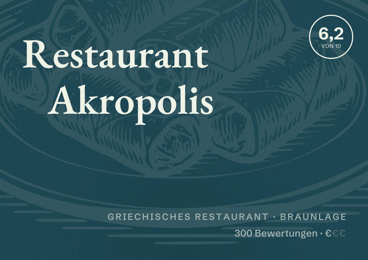 Illustriertes Poster von Restaurant Akropolis, Griechisches Restaurant in Braunlage: Bewertung 6,2 von 10 aus 300 Bewertungen, Preisniveau €