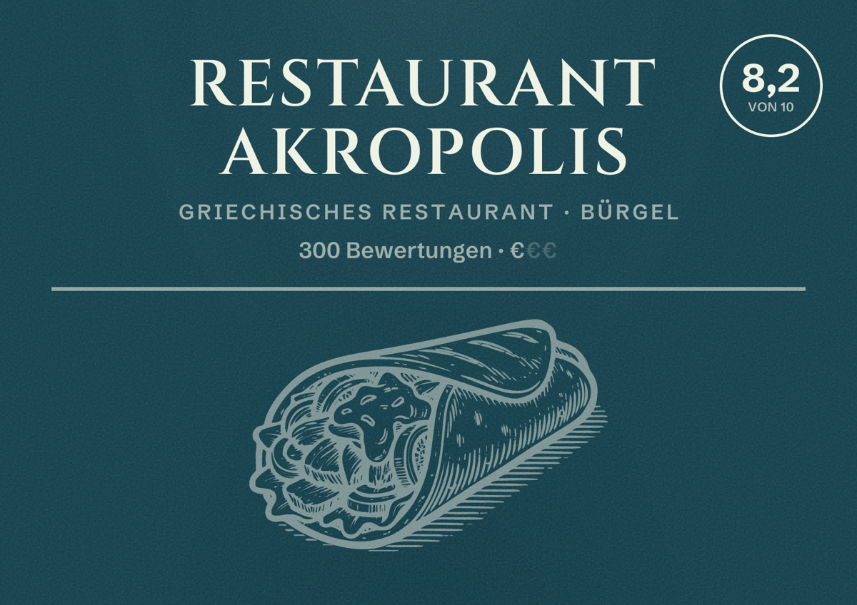 Illustriertes Poster von Restaurant Akropolis, Griechisches Restaurant in Bürgel: Bewertung 8,2 von 10 aus 300 Bewertungen, Preisniveau €