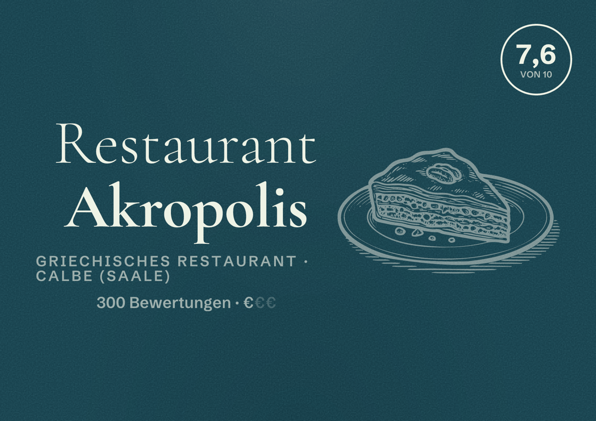 Illustriertes Poster von Restaurant Akropolis, Griechisches Restaurant in Calbe (Saale): Bewertung 7,6 von 10 aus 300 Bewertungen, Preisniveau €