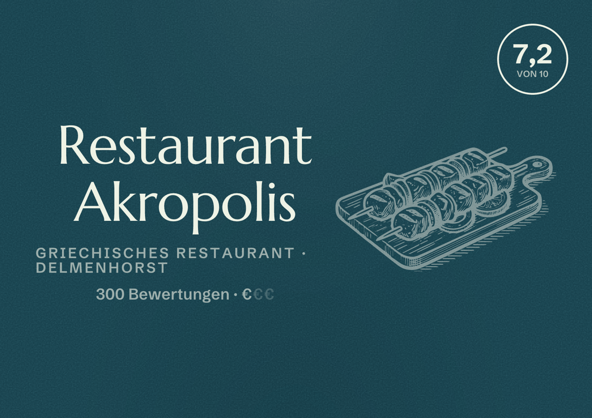 Illustriertes Poster von Restaurant Akropolis, Griechisches Restaurant in Delmenhorst: Bewertung 7,2 von 10 aus 300 Bewertungen, Preisniveau €