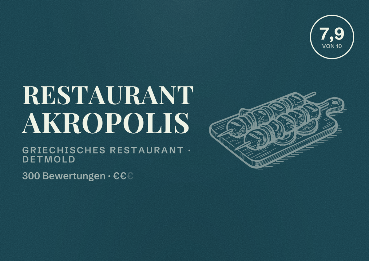 Illustriertes Poster von Restaurant Akropolis, Griechisches Restaurant in Detmold: Bewertung 7,9 von 10 aus 300 Bewertungen, Preisniveau €€
