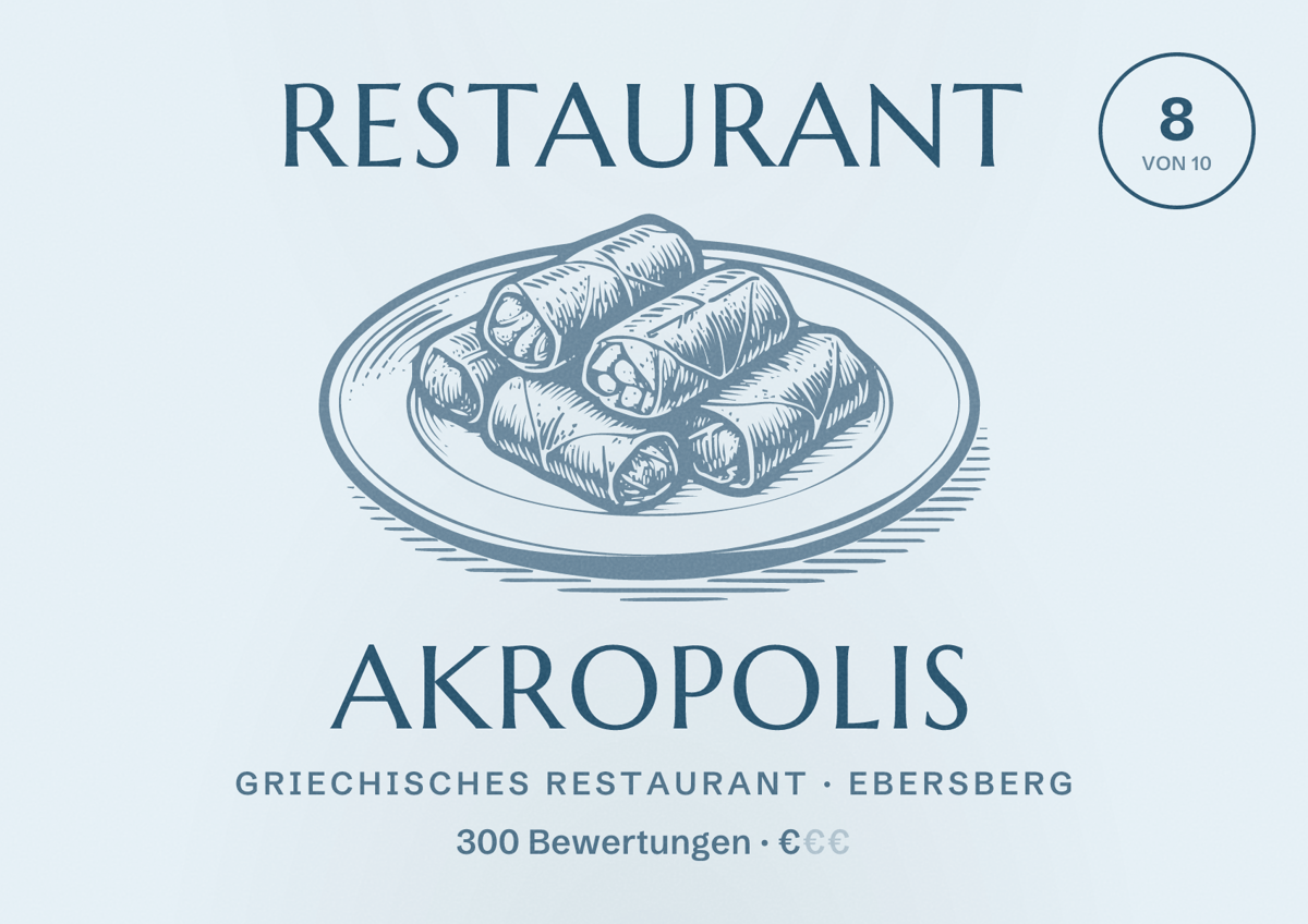 Illustriertes Poster von Restaurant Akropolis, Griechisches Restaurant in Ebersberg: Bewertung 8 von 10 aus 300 Bewertungen, Preisniveau €