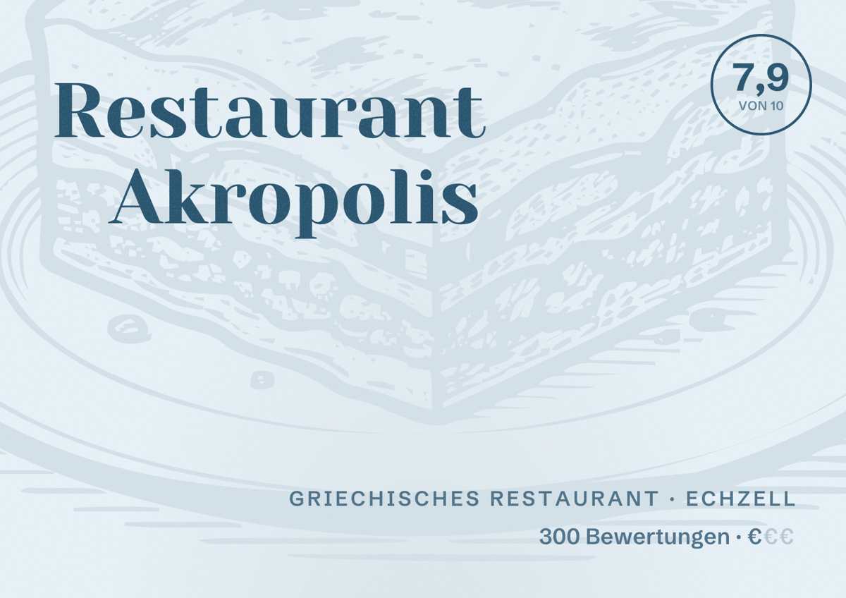 Illustriertes Poster von Restaurant Akropolis, Griechisches Restaurant in Echzell: Bewertung 7,9 von 10 aus 300 Bewertungen, Preisniveau €
