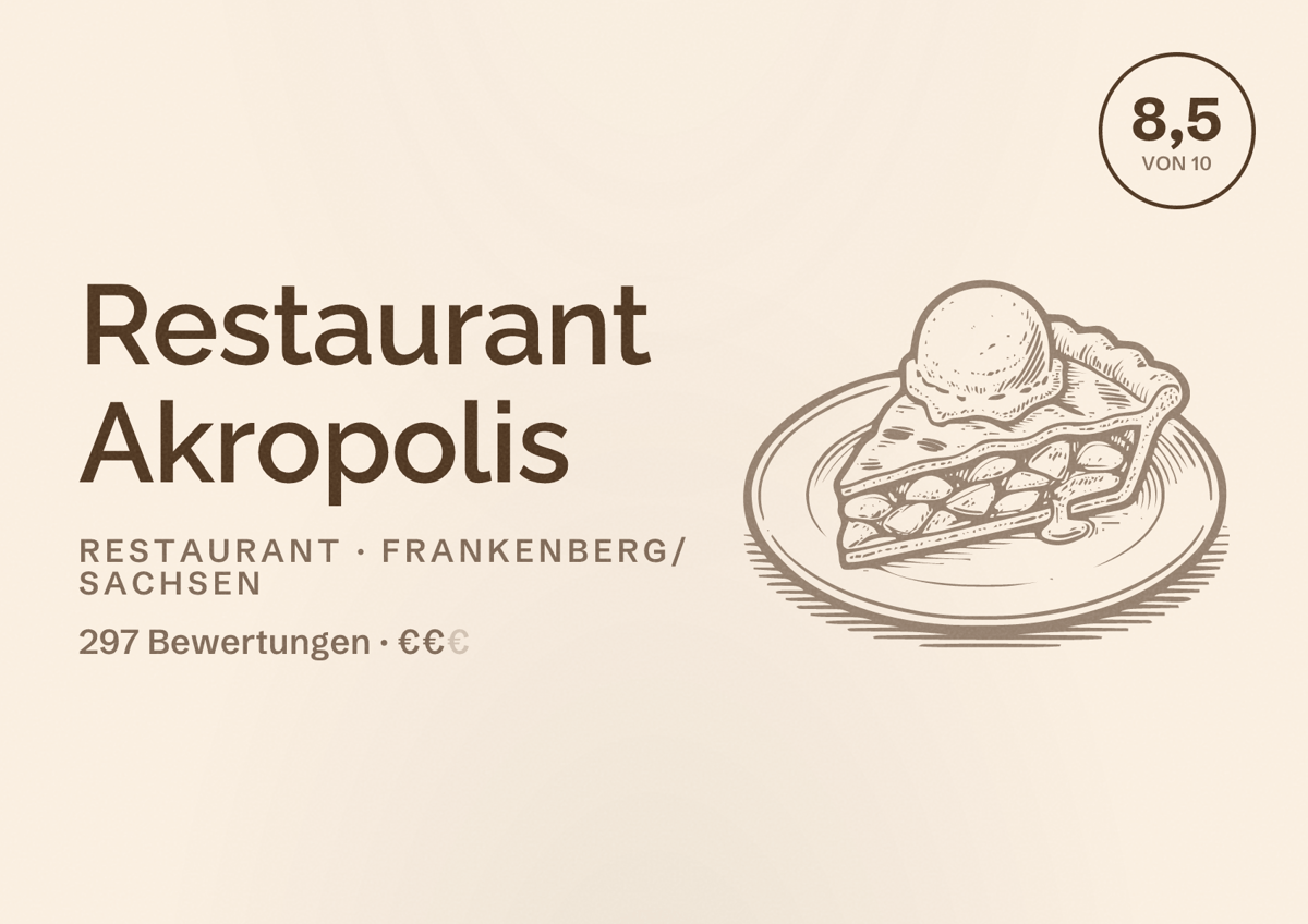 Illustriertes Poster von Restaurant Akropolis, Restaurant in Frankenberg/Sachsen: Bewertung 8,5 von 10 aus 297 Bewertungen, Preisniveau €€