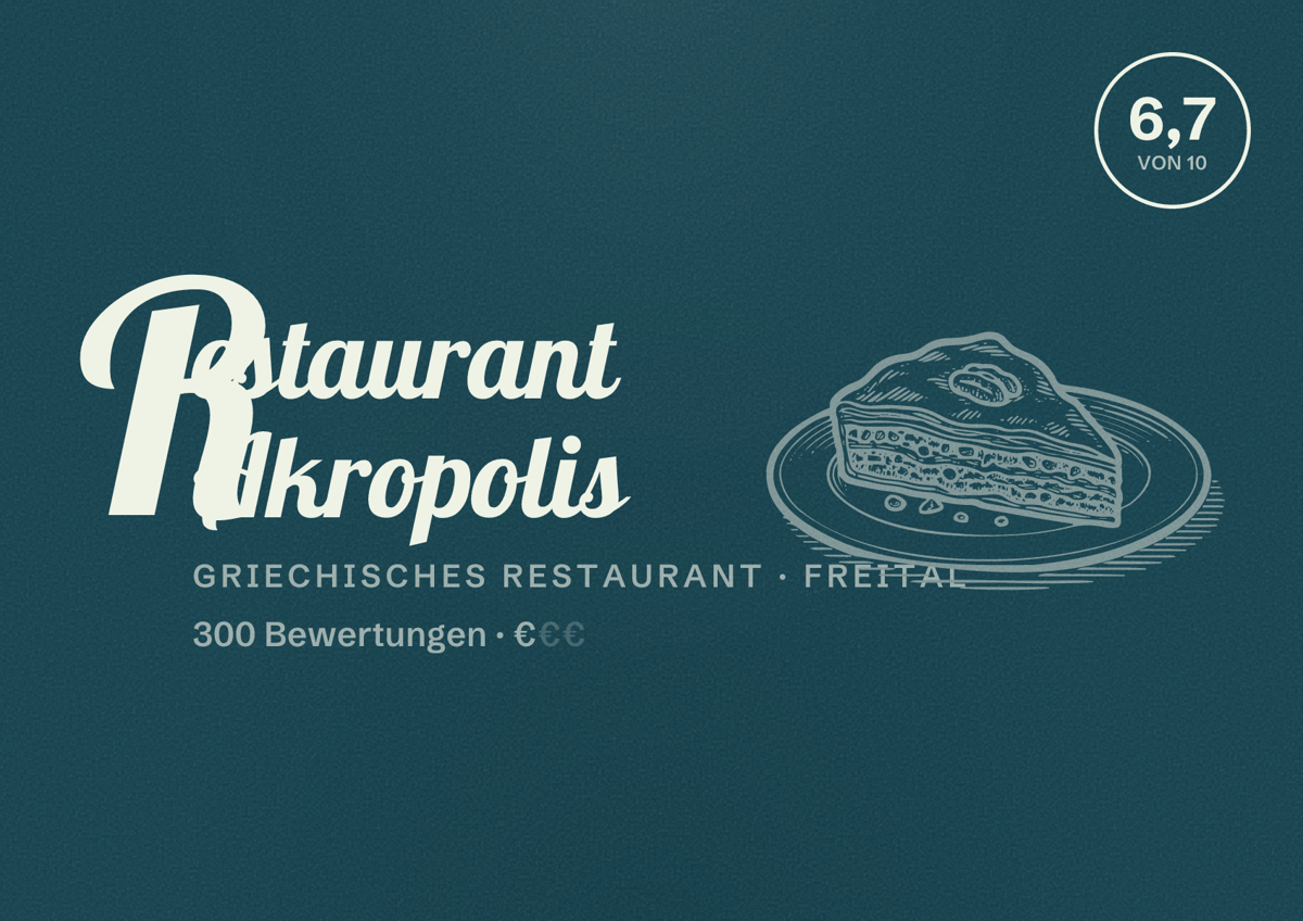 Illustriertes Poster von Restaurant Akropolis, Griechisches Restaurant in Freital: Bewertung 6,7 von 10 aus 300 Bewertungen, Preisniveau €