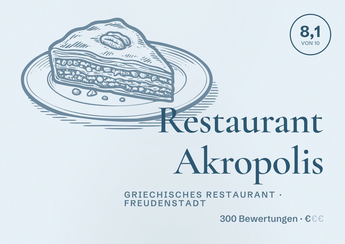 Illustriertes Poster von Restaurant Akropolis, Griechisches Restaurant in Freudenstadt: Bewertung 8,1 von 10 aus 300 Bewertungen, Preisniveau €