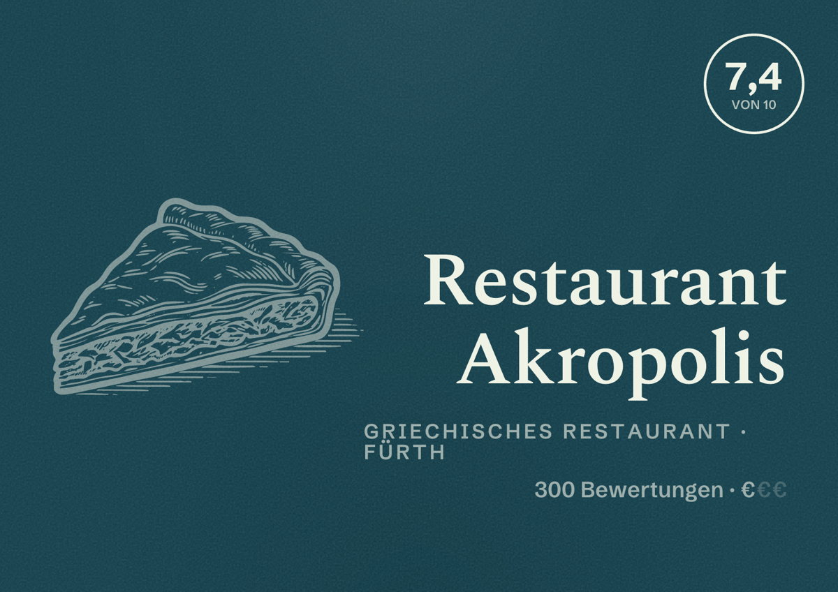 Illustriertes Poster von Restaurant Akropolis, Griechisches Restaurant in Fürth: Bewertung 7,4 von 10 aus 300 Bewertungen, Preisniveau €