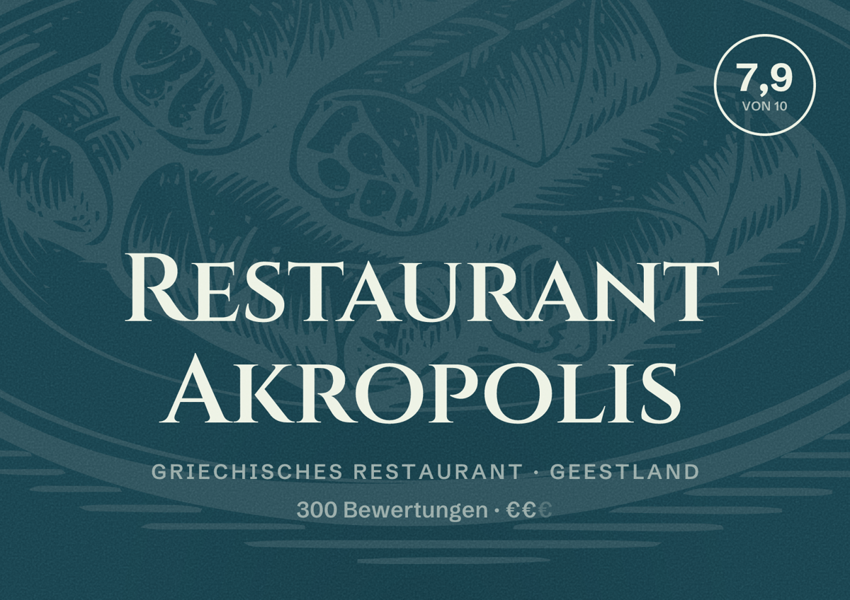 Illustriertes Poster von Restaurant Akropolis, Griechisches Restaurant in Geestland: Bewertung 7,9 von 10 aus 300 Bewertungen, Preisniveau €€