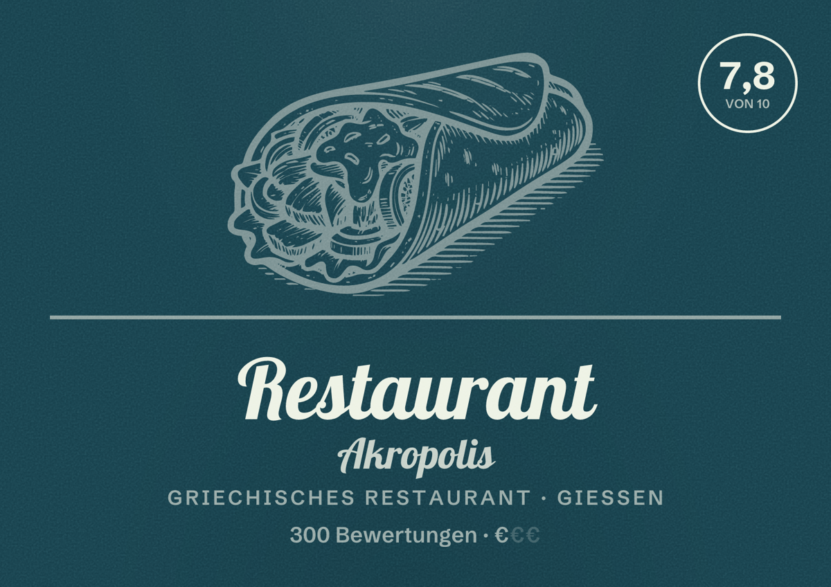 Illustriertes Poster von Restaurant Akropolis, Griechisches Restaurant in Gießen: Bewertung 7,8 von 10 aus 300 Bewertungen, Preisniveau €