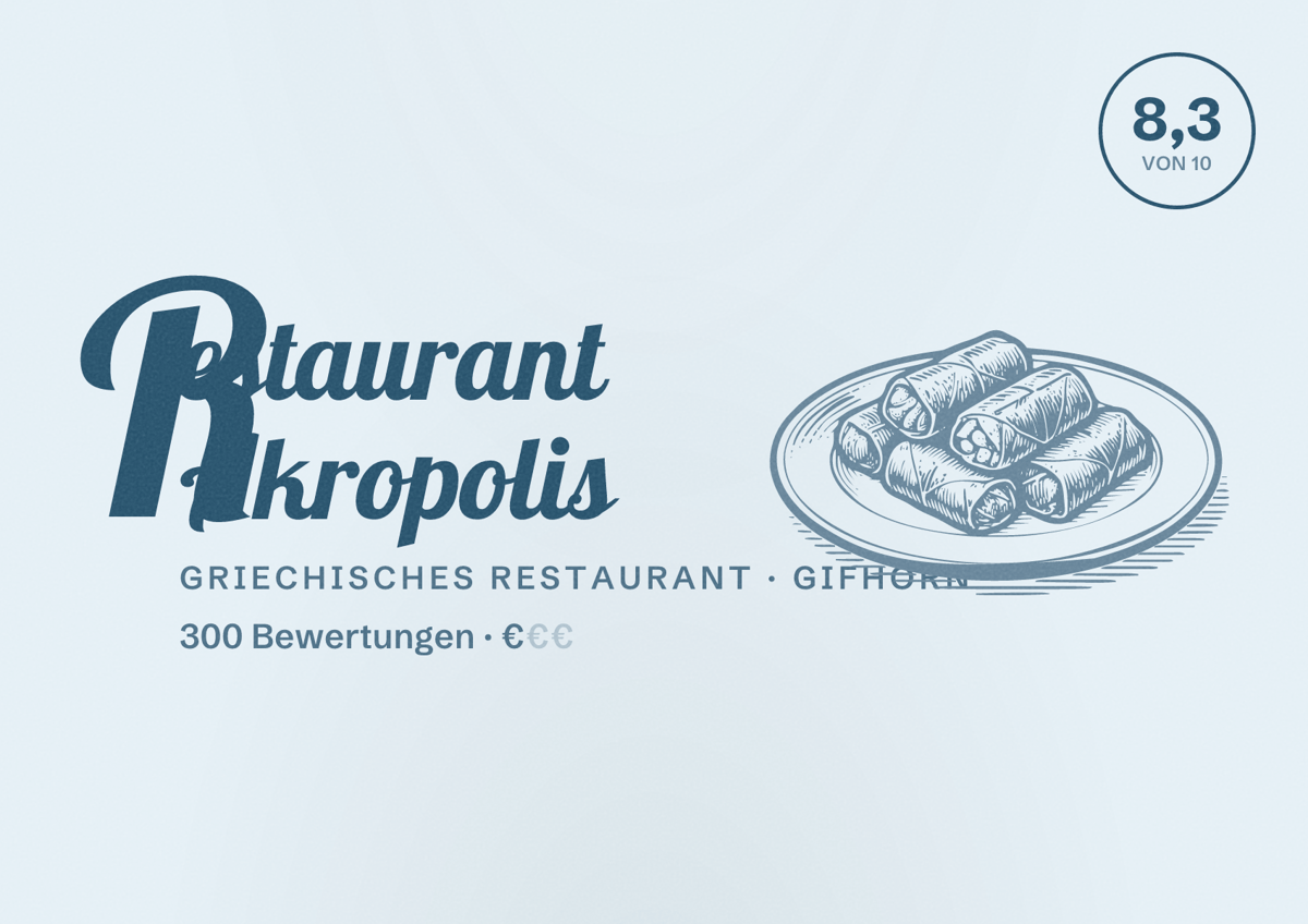 Illustriertes Poster von Restaurant Akropolis, Griechisches Restaurant in Gifhorn: Bewertung 8,3 von 10 aus 300 Bewertungen, Preisniveau €