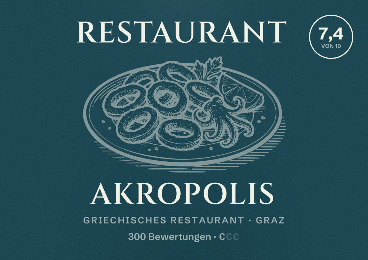 Illustriertes Poster von RESTAURANT AKROPOLIS, Griechisches Restaurant in Graz: Bewertung 7,4 von 10 aus 300 Bewertungen, Preisniveau €