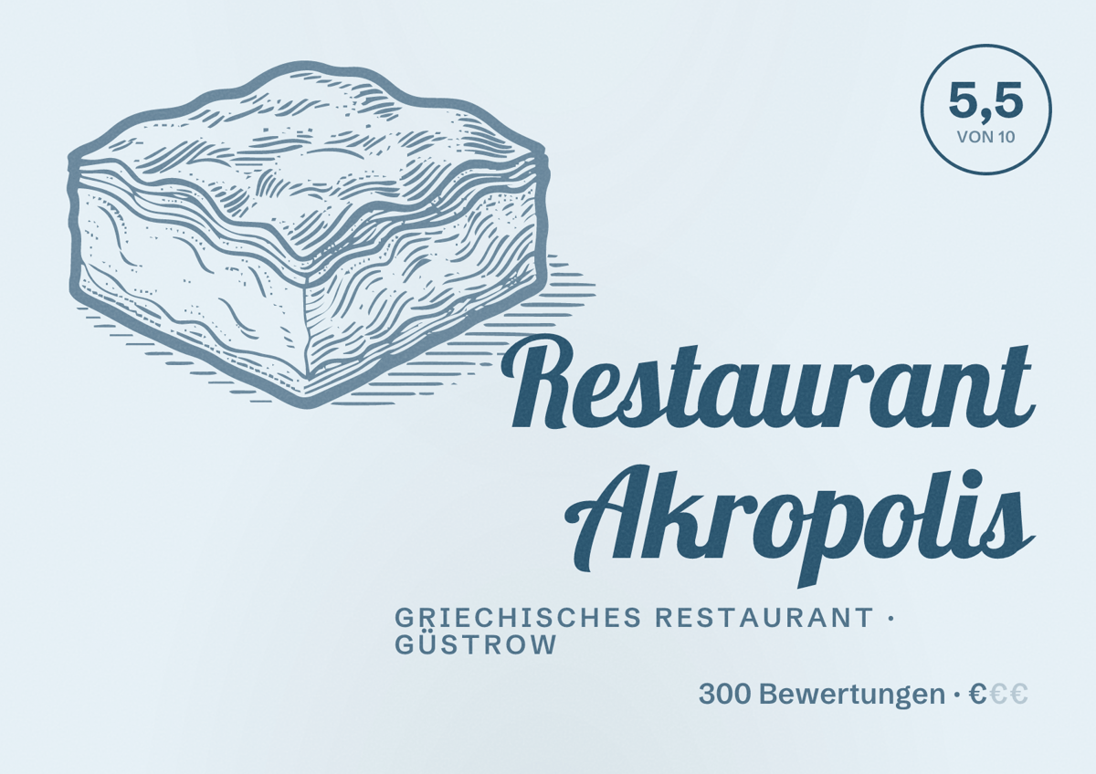 Illustriertes Poster von Restaurant Akropolis, Griechisches Restaurant in Güstrow: Bewertung 5,5 von 10 aus 300 Bewertungen, Preisniveau €