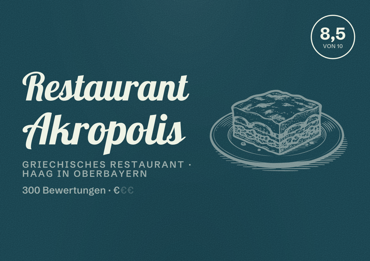 Illustriertes Poster von Restaurant Akropolis, Griechisches Restaurant in Haag in Oberbayern: Bewertung 8,5 von 10 aus 300 Bewertungen, Preisniveau €
