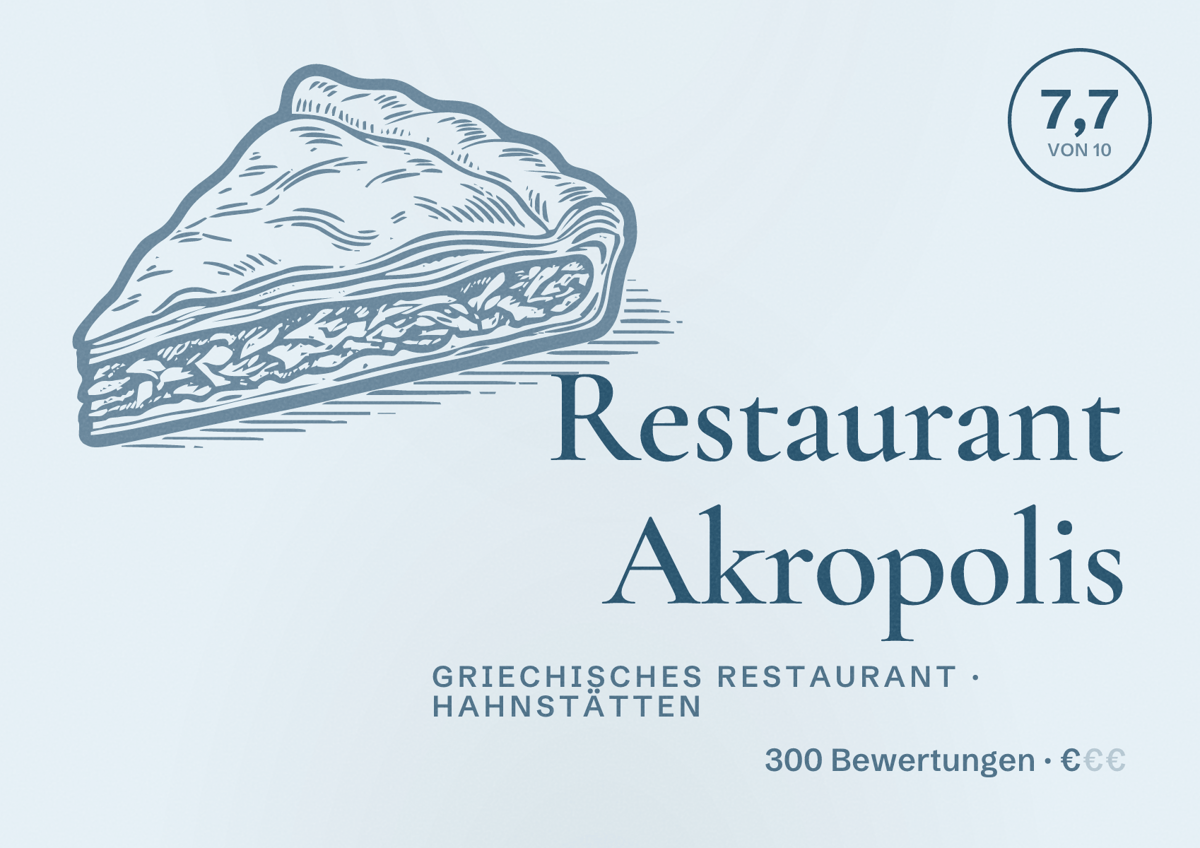 Illustriertes Poster von Restaurant Akropolis, Griechisches Restaurant in Hahnstätten: Bewertung 7,7 von 10 aus 300 Bewertungen, Preisniveau €