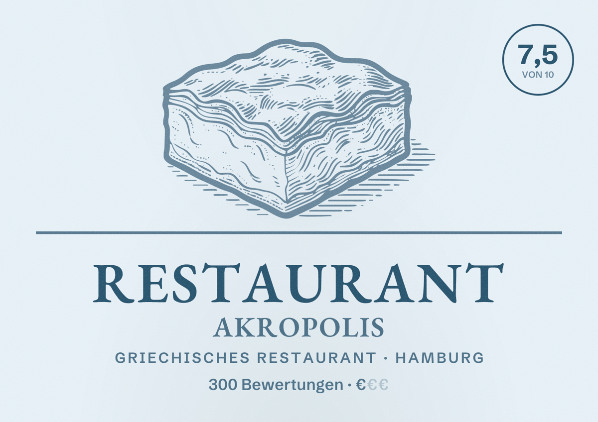 Illustriertes Poster von Restaurant Akropolis, Griechisches Restaurant in Hamburg: Bewertung 7,5 von 10 aus 300 Bewertungen, Preisniveau €