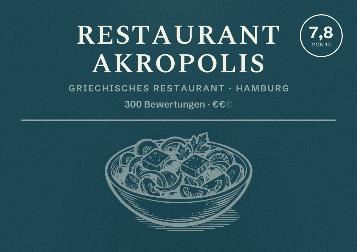 Illustriertes Poster von Restaurant Akropolis, Griechisches Restaurant in Hamburg: Bewertung 7,8 von 10 aus 300 Bewertungen, Preisniveau €€