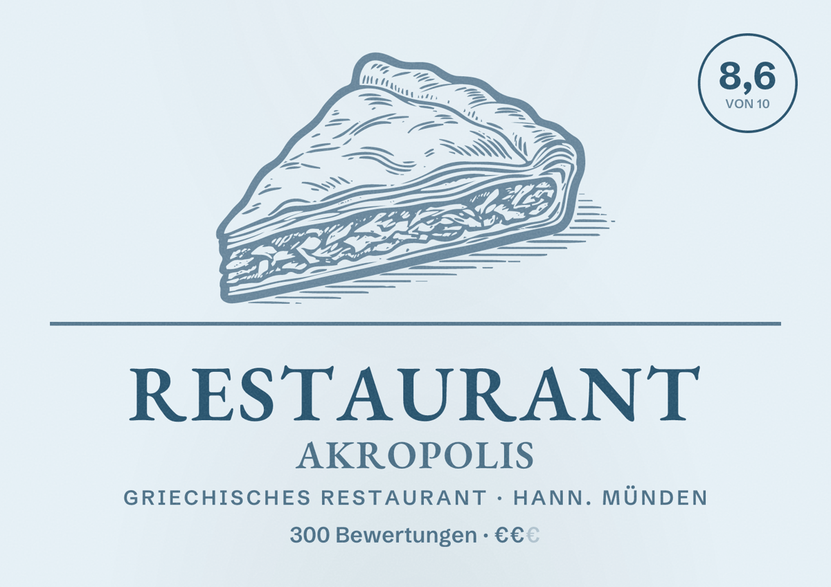 Illustriertes Poster von Restaurant Akropolis, Griechisches Restaurant in Hann. Münden: Bewertung 8,6 von 10 aus 300 Bewertungen, Preisniveau €€