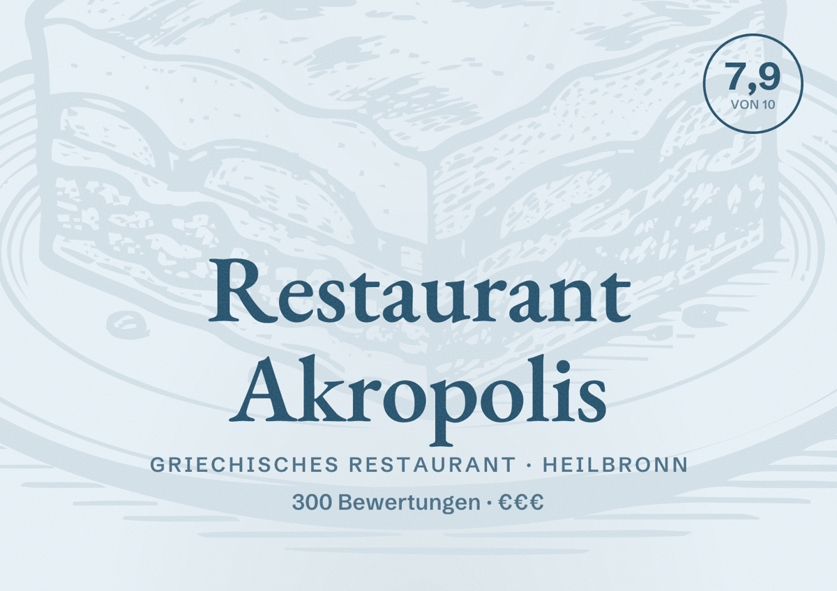 Illustriertes Poster von Restaurant Akropolis, Griechisches Restaurant in Heilbronn: Bewertung 7,9 von 10 aus 300 Bewertungen, Preisniveau €€€