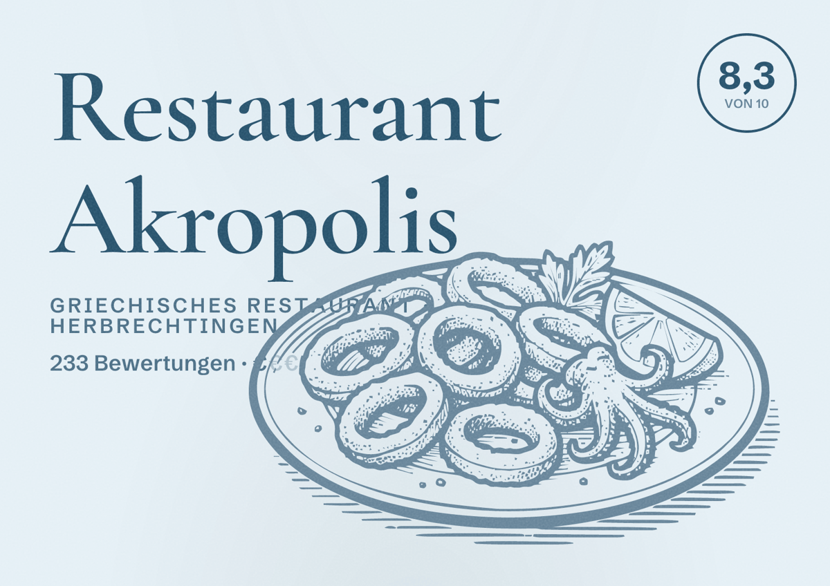 Illustriertes Poster von Restaurant Akropolis, Griechisches Restaurant in Herbrechtingen: Bewertung 8,3 von 10 aus 233 Bewertungen, Preisniveau €