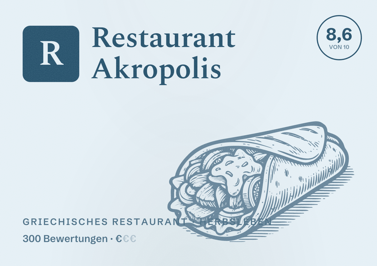 Illustriertes Poster von Restaurant Akropolis, Griechisches Restaurant in Herbsleben: Bewertung 8,6 von 10 aus 300 Bewertungen, Preisniveau €