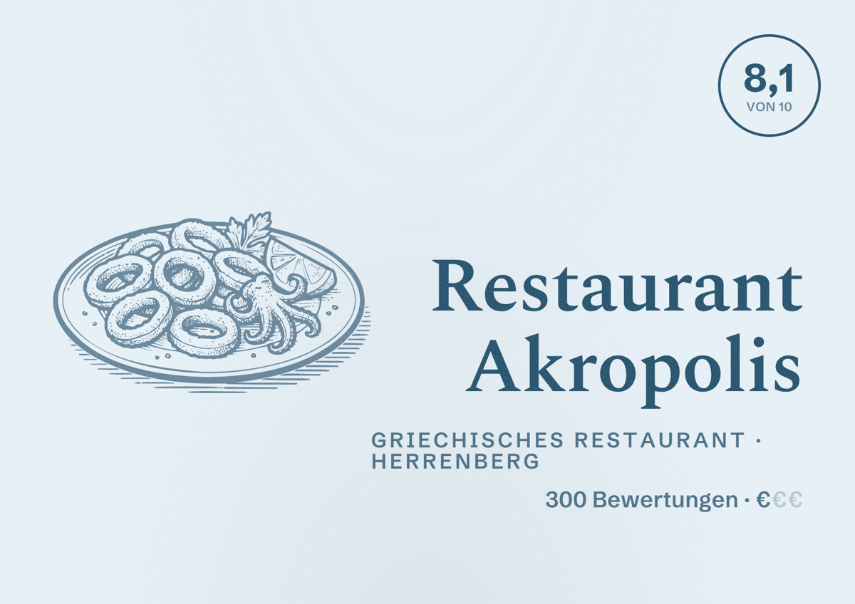 Illustriertes Poster von Restaurant Akropolis, Griechisches Restaurant in Herrenberg: Bewertung 8,1 von 10 aus 300 Bewertungen, Preisniveau €