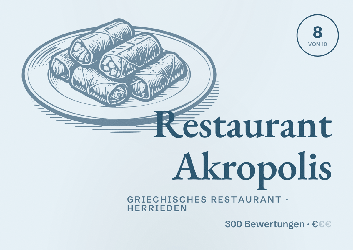 Illustriertes Poster von Restaurant Akropolis, Griechisches Restaurant in Herrieden: Bewertung 8 von 10 aus 300 Bewertungen, Preisniveau €