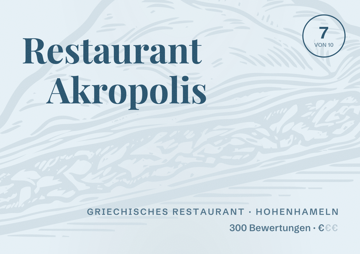 Illustriertes Poster von Restaurant Akropolis, Griechisches Restaurant in Hohenhameln: Bewertung 7 von 10 aus 300 Bewertungen, Preisniveau €